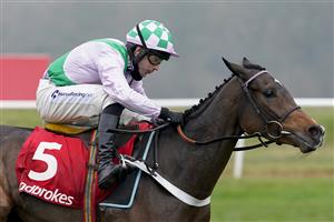 NEWBURY, ENGLAND - NOVEMBER 28: Jeremiah McGrath riding Floressa clear the last to win The Ladbrokes Committed To Safer Gambling Intermediate Hurdle at Newbury Racecourse on November 28, 2020 in Newbury, England. Owners are allowed to attend if they have a runner at the meeting otherwise racing remains behind closed doors to the public due to the Coronavirus pandemic. (Photo by Alan Crowhurst/Getty Images)