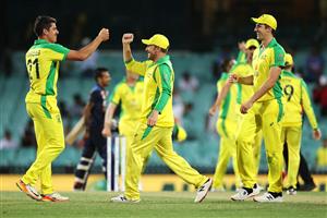 SYDNEY, AUSTRALIA - NOVEMBER 29: Moises Henriques of Australia and Aaron Finch of Australia celebrate winning game two of the One Day International series between Australia and India at Sydney Cricket Ground on November 29, 2020 in Sydney, Australia. (Photo by Cameron Spencer/Getty Images)