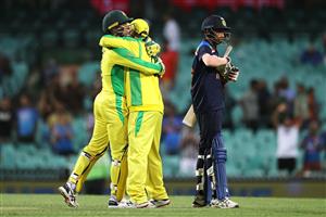 SYDNEY, AUSTRALIA - NOVEMBER 29: Aaron Finch of Australia celebrates with Alex Carey of Australia after winning game two of the One Day International series between Australia and India at Sydney Cricket Ground on November 29, 2020 in Sydney, Australia. (Photo by Cameron Spencer/Getty Images)