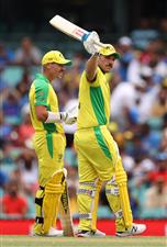 SYDNEY, AUSTRALIA - NOVEMBER 29: Aaron Finch of Australia celebrates reaching 50 runs during game two of the One Day International series between Australia and India at Sydney Cricket Ground on November 29, 2020 in Sydney, Australia. (Photo by Cameron Spencer/Getty Images)