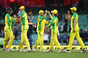 SYDNEY, AUSTRALIA - NOVEMBER 29: Aaron Finch of Australia and Adam Zampa of Australia celebrate winning game two of the One Day International series between Australia and India at Sydney Cricket Ground on November 29, 2020 in Sydney, Australia. (Photo by Cameron Spencer/Getty Images)