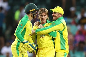 SYDNEY, AUSTRALIA - NOVEMBER 29: Aaron Finch of Australia congratulates Adam Zampa of Australia after dismissing KL Rahul of India during game two of the One Day International series between Australia and India at Sydney Cricket Ground on November 29, 2020 in Sydney, Australia. (Photo by Cameron Spencer/Getty Images)