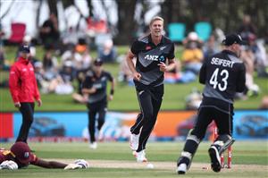 TAURANGA, NEW ZEALAND - NOVEMBER 29: Kyle Jamieson of New Zealand celebrates the runout of Andre Fletcher of the West Indies during game two of the International Twenty20 series between New Zealand and the West Indies at Bay Oval on November 29, 2020 in Tauranga, New Zealand. (Photo by Phil Walter/Getty Images)
