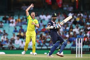 SYDNEY, AUSTRALIA - NOVEMBER 29: Josh Hazlewood of Australia reacts after bowling a delivery during game two of the One Day International series between Australia and India at Sydney Cricket Ground on November 29, 2020 in Sydney, Australia. (Photo by Cameron Spencer/Getty Images)