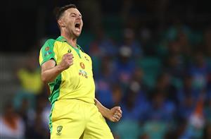 SYDNEY, AUSTRALIA - NOVEMBER 29: Josh Hazlewood of Australia celebrates after taking the wicket of Virat Kohli of India during game two of the One Day International series between Australia and India at Sydney Cricket Ground on November 29, 2020 in Sydney, Australia. (Photo by Ryan Pierse/Getty Images)