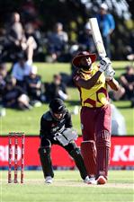 TAURANGA, NEW ZEALAND - NOVEMBER 29: Kieron Pollard of the West Indies bats during game two of the International Twenty20 series between New Zealand and the West Indies at Bay Oval on November 29, 2020 in Tauranga, New Zealand. (Photo by Phil Walter/Getty Images)