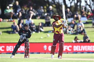TAURANGA, NEW ZEALAND - NOVEMBER 29: Kieron Pollard of the West Indies bats during game two of the International Twenty20 series between New Zealand and the West Indies at Bay Oval on November 29, 2020 in Tauranga, New Zealand. (Photo by Phil Walter/Getty Images)