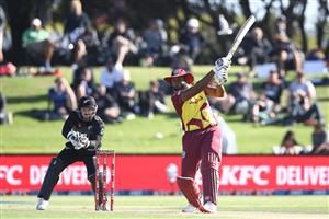 TAURANGA, NEW ZEALAND - NOVEMBER 29: Kieron Pollard of the West Indies bats during game two of the International Twenty20 series between New Zealand and the West Indies at Bay Oval on November 29, 2020 in Tauranga, New Zealand. (Photo by Phil Walter/Getty Images)