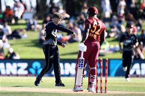 TAURANGA, NEW ZEALAND - NOVEMBER 29: Lockie Ferguson of New Zealand celebrates his wicket of Rovman Powell of the West Indies during game two of the International Twenty20 series between New Zealand and the West Indies at Bay Oval on November 29, 2020 in Tauranga, New Zealand. (Photo by Phil Walter/Getty Images)