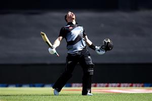 TAURANGA, NEW ZEALAND - NOVEMBER 29: Glenn Phillips of New Zealand celebrates his century during game two of the International Twenty20 series between New Zealand and the West Indies at Bay Oval on November 29, 2020 in Tauranga, New Zealand. (Photo by Phil Walter/Getty Images)