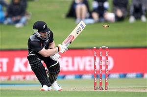 TAURANGA, NEW ZEALAND - NOVEMBER 29: Tim Seifert of New Zealand is bowled by Oshane Thomas of the West Indies during game two of the International Twenty20 series between New Zealand and the West Indies at Bay Oval on November 29, 2020 in Tauranga, New Zealand. (Photo by Phil Walter/Getty Images)