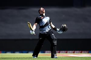 TAURANGA, NEW ZEALAND - NOVEMBER 29: Glenn Phillips of New Zealand celebrates his century during game two of the International Twenty20 series between New Zealand and the West Indies at Bay Oval on November 29, 2020 in Tauranga, New Zealand. (Photo by Phil Walter/Getty Images)