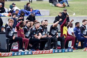 TAURANGA, NEW ZEALAND - NOVEMBER 29: Players recgognise the Black Lives Matter movement before game two of the International Twenty20 series between New Zealand and the West Indies at Bay Oval on November 29, 2020 in Tauranga, New Zealand. (Photo by Phil Walter/Getty Images)