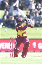 TAURANGA, NEW ZEALAND - NOVEMBER 29: Fabian Allen of the West Indies bats during game two of the International Twenty20 series between New Zealand and the West Indies at Bay Oval on November 29, 2020 in Tauranga, New Zealand. (Photo by Phil Walter/Getty Images)