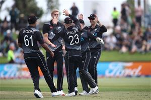 TAURANGA, NEW ZEALAND - NOVEMBER 29: New Zealand celebrate the runout of Andre Fletcher of the West Indies during game two of the International Twenty20 series between New Zealand and the West Indies at Bay Oval on November 29, 2020 in Tauranga, New Zealand. (Photo by Phil Walter/Getty Images)