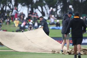 TAURANGA, NEW ZEALAND - NOVEMBER 29: The covers come on during a rain delay during game two of the International Twenty20 series between New Zealand and the West Indies at Bay Oval on November 29, 2020 in Tauranga, New Zealand. (Photo by Phil Walter/Getty Images)