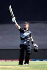 TAURANGA, NEW ZEALAND - NOVEMBER 29: Glenn Phillips of New Zealand celebrates his century during game two of the International Twenty20 series between New Zealand and the West Indies at Bay Oval on November 29, 2020 in Tauranga, New Zealand. (Photo by Phil Walter/Getty Images)