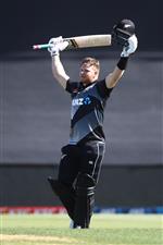 TAURANGA, NEW ZEALAND - NOVEMBER 29: Glenn Phillips of New Zealand celebrates his century during game two of the International Twenty20 series between New Zealand and the West Indies at Bay Oval on November 29, 2020 in Tauranga, New Zealand. (Photo by Phil Walter/Getty Images)