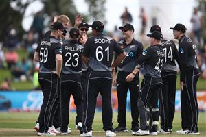 TAURANGA, NEW ZEALAND - NOVEMBER 29: New Zealand celebrate the runout of Andre Fletcher of the West Indies during game two of the International Twenty20 series between New Zealand and the West Indies at Bay Oval on November 29, 2020 in Tauranga, New Zealand. (Photo by Phil Walter/Getty Images)