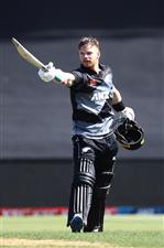 TAURANGA, NEW ZEALAND - NOVEMBER 29: Glenn Phillips of New Zealand celebrates his century during game two of the International Twenty20 series between New Zealand and the West Indies at Bay Oval on November 29, 2020 in Tauranga, New Zealand. (Photo by Phil Walter/Getty Images)