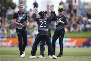 TAURANGA, NEW ZEALAND - NOVEMBER 29: New Zealand celebrate the runout of Andre Fletcher of the West Indies during game two of the International Twenty20 series between New Zealand and the West Indies at Bay Oval on November 29, 2020 in Tauranga, New Zealand. (Photo by Phil Walter/Getty Images)