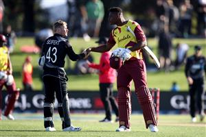 TAURANGA, NEW ZEALAND - NOVEMBER 29: Tim Seifert of New Zealand (L) and Oshane Thomas of the West Indies shake hands following game two of the International Twenty20 series between New Zealand and the West Indies at Bay Oval on November 29, 2020 in Tauranga, New Zealand. (Photo by Phil Walter/Getty Images)