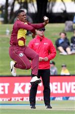TAURANGA, NEW ZEALAND - NOVEMBER 29: Sheldon Cottrell of the West Indies bowls during game two of the International Twenty20 series between New Zealand and the West Indies at Bay Oval on November 29, 2020 in Tauranga, New Zealand. (Photo by Phil Walter/Getty Images)