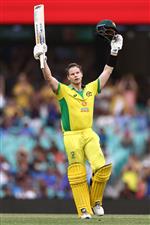 SYDNEY, AUSTRALIA - NOVEMBER 29: Steve Smith of Australia celebrates making 100 runs during game two of the One Day International series between Australia and India at Sydney Cricket Ground on November 29, 2020 in Sydney, Australia. (Photo by Ryan Pierse/Getty Images)
