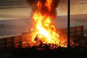 BAHRAIN, BAHRAIN - NOVEMBER 29: A fire is pictured following the crash of Romain Grosjean of France and Haas F1 during the F1 Grand Prix of Bahrain at Bahrain International Circuit on November 29, 2020 in Bahrain, Bahrain. (Photo by Bryn Lennon/Getty Images)