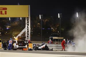 BAHRAIN, BAHRAIN - NOVEMBER 29: Debris following the crash of Romain Grosjean of France and Haas F1 is pictured during the F1 Grand Prix of Bahrain at Bahrain International Circuit on November 29, 2020 in Bahrain, Bahrain. (Photo by Hamad Mohammed - Pool/Getty Images)