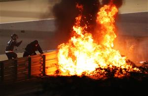 BAHRAIN, BAHRAIN - NOVEMBER 29: A fire is pictured following the crash of Romain Grosjean of France and Haas F1 during the F1 Grand Prix of Bahrain at Bahrain International Circuit on November 29, 2020 in Bahrain, Bahrain. (Photo by Bryn Lennon/Getty Images)