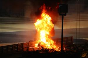 BAHRAIN, BAHRAIN - NOVEMBER 29: A fire is pictured following the crash of Romain Grosjean of France and Haas F1 during the F1 Grand Prix of Bahrain at Bahrain International Circuit on November 29, 2020 in Bahrain, Bahrain. (Photo by Bryn Lennon/Getty Images)