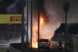 BAHRAIN, BAHRAIN - NOVEMBER 29: A fire is pictured following the crash of Romain Grosjean of France and Haas F1 during the F1 Grand Prix of Bahrain at Bahrain International Circuit on November 29, 2020 in Bahrain, Bahrain. (Photo by Rudy Carezzevoli/Getty Images)