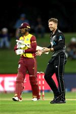 TAURANGA, NEW ZEALAND - NOVEMBER 30: Lockie Ferguson of New Zealand celebrates his wicket of Brandon King of the West Indies during game three of the International Twenty20 series between New Zealand and the West Indies at Bay Oval on November 30, 2020 in Tauranga, New Zealand. (Photo by Phil Walter/Getty Images)