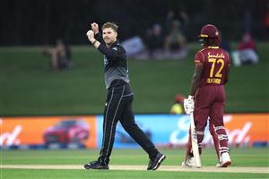 TAURANGA, NEW ZEALAND - NOVEMBER 30: Lockie Ferguson of New Zealand celebrates his wicket of Brandon King of the West Indies during game three of the International Twenty20 series between New Zealand and the West Indies at Bay Oval on November 30, 2020 in Tauranga, New Zealand. (Photo by Phil Walter/Getty Images)