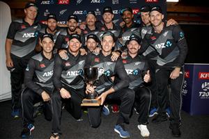 TAURANGA, NEW ZEALAND - NOVEMBER 30: New Zealand pose with the T20 series trophy following game three of the International Twenty20 series between New Zealand and the West Indies at Bay Oval on November 30, 2020 in Tauranga, New Zealand. (Photo by Phil Walter/Getty Images)