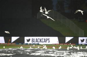 TAURANGA, NEW ZEALAND - NOVEMBER 30: Rain prevents play during game three of the International Twenty20 series between New Zealand and the West Indies at Bay Oval on November 30, 2020 in Tauranga, New Zealand. (Photo by Phil Walter/Getty Images)