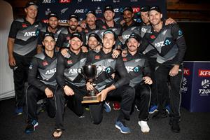 TAURANGA, NEW ZEALAND - NOVEMBER 30: New Zealand pose with the T20 series trophy following game three of the International Twenty20 series between New Zealand and the West Indies at Bay Oval on November 30, 2020 in Tauranga, New Zealand. (Photo by Phil Walter/Getty Images)