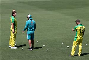CANBERRA, AUSTRALIA - DECEMBER 01: Sean Abbott of Australia speaks to Aaron Finch of Australia during an Australian ODI nets session at Manuka Oval on December 01, 2020 in Canberra, Australia. (Photo by Ryan Pierse/Getty Images)