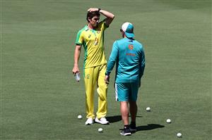 CANBERRA, AUSTRALIA - DECEMBER 01: Sean Abbott of Australia speaks to Aaron Finch of Australia during an Australian ODI nets session at Manuka Oval on December 01, 2020 in Canberra, Australia. (Photo by Ryan Pierse/Getty Images)