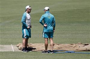 CANBERRA, AUSTRALIA - DECEMBER 01: Aaron Finch of Australia inspects the pitch during an Australian ODI nets session at Manuka Oval on December 01, 2020 in Canberra, Australia. (Photo by Ryan Pierse/Getty Images)