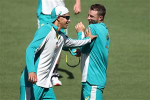 CANBERRA, AUSTRALIA - DECEMBER 01: Ashton Agar and Matthew Wade of Australia train during an Australian ODI nets session at Manuka Oval on December 01, 2020 in Canberra, Australia. (Photo by Ryan Pierse/Getty Images)