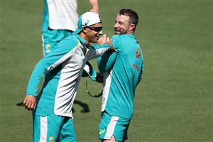 CANBERRA, AUSTRALIA - DECEMBER 01: Ashton Agar and Matthew Wade of Australia train during an Australian ODI nets session at Manuka Oval on December 01, 2020 in Canberra, Australia. (Photo by Ryan Pierse/Getty Images)