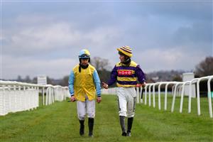 LUDLOW, ENGLAND - DECEMBER 02: Jockey's Lee Edwards (right) and Robert Dunne, both falling from their rides during the Sir Toby Memorial Novices' Handicap Chase on December 2, 2020 in Ludlow, England. (Photo by David Davies - Pool/Getty Images)