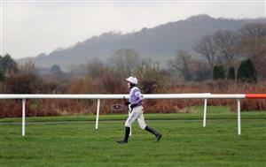 LUDLOW, ENGLAND - DECEMBER 02: Jockey David Noonan after being unseated from Lazarina during the Shropshire Mind Novices' Claiming Hurdle at Ludlow Racecourse on December 2, 2020 in Ludlow, England. (Photo by David Davies - Pool/Getty Images)