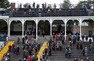 LUDLOW, ENGLAND - DECEMBER 02: Racegoers in the grand stand at Ludlow Racecourse on December 2, 2020 in Ludlow, England. (Photo by David Davies - Pool/Getty Images)