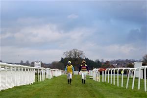 LUDLOW, ENGLAND - DECEMBER 02: Jockey's Lee Edwards (right) and Robert Dunne, both falling from their rides during the Sir Toby Memorial Novices' Handicap Chase on December 2, 2020 in Ludlow, England. (Photo by David Davies - Pool/Getty Images)