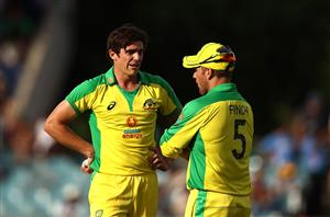 CANBERRA, AUSTRALIA - DECEMBER 02: Sean Abbott of Australia speaks to Aaron Finch of Australia during game three of the One Day International series between Australia and India at Manuka Oval on December 02, 2020 in Canberra, Australia. (Photo by Ryan Pierse/Getty Images)