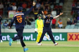 CANBERRA, AUSTRALIA - DECEMBER 02: Jasprit Bumrah of India successfully appeasls for the wicket of Adam Zampa of Australia to claim victory for India during game three of the One Day International series between Australia and India at Manuka Oval on December 02, 2020 in Canberra, Australia. (Photo by Mark Kolbe/Getty Images)