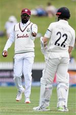 HAMILTON, NEW ZEALAND - DECEMBER 03: Darren Bravo of the West Indies reacts during day one of the First Test match in the series between New Zealand and the West Indies at Seddon Park on December 03, 2020 in Hamilton, New Zealand. (Photo by Kai Schwoerer/Getty Images)